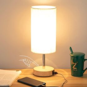 Yarra-Decor Bedside Table Lamp with USB Port - Touch Control for Bedroom Wood 3 Way Dimmable Nightstand Lamp with Round Flaxen Fabric Shade for Living