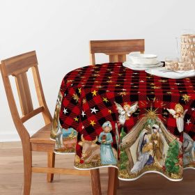 Horaldaily Christmas Tablecloth 52×70 Inch, Holy Nativity Red Buffalo Plaid Washable Table Cover for Party Picnic Dinner Decor (size: 60" (Round))